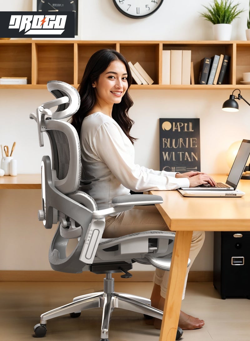 DROGO Ergonomic Office Chair for Work from Home, Computer Chair for Study with Breathable Mesh, Adjustable Seat, 5 level Adjustable Backrest, 6D Armrest, 4D Headrest & Lumbar Support | Gaming Chair with Footrest & Recline White Grey - Image 2