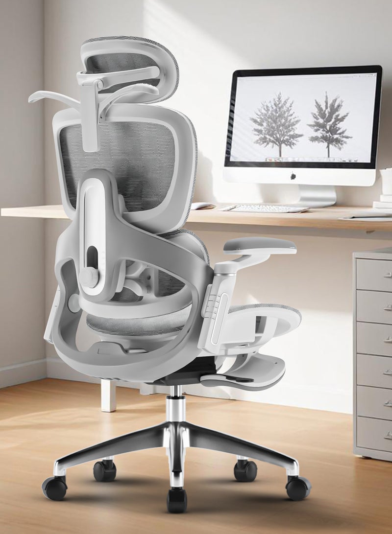 DROGO Ergonomic Office Chair for Work from Home, Computer Chair for Study with Breathable Mesh, Adjustable Seat, 5 level Adjustable Backrest, 6D Armrest, 4D Headrest & Lumbar Support | Gaming Chair with Footrest & Recline White Grey - Image 1