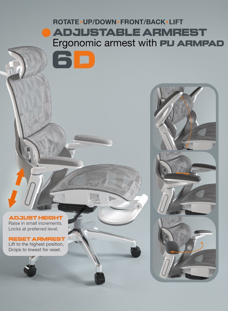 DROGO Ergonomic Office Chair for Work from Home, Computer Chair for Study with Breathable Mesh, Adjustable Seat, 5 level Adjustable Backrest, 6D Armrest, 4D Headrest & Lumbar Support | Gaming Chair with Footrest & Recline White Grey - Image 4