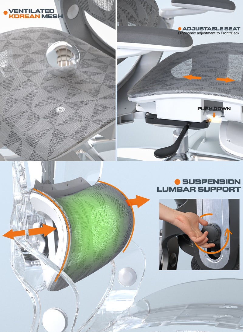 DROGO Ergonomic Office Chair for Work from Home, Computer Chair for Study with Breathable Mesh, Adjustable Seat, 5 level Adjustable Backrest, 6D Armrest, 4D Headrest & Lumbar Support | Gaming Chair with Footrest & Recline White Grey - Image 3