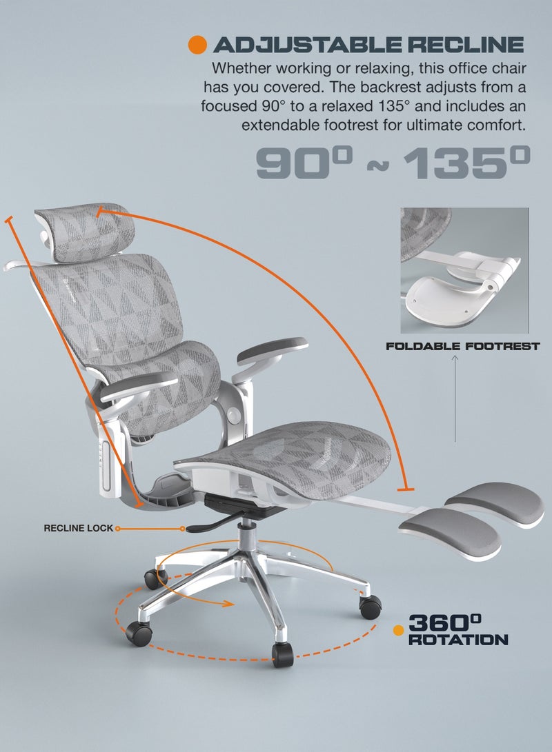 DROGO Ergonomic Office Chair for Work from Home, Computer Chair for Study with Breathable Mesh, Adjustable Seat, 5 level Adjustable Backrest, 6D Armrest, 4D Headrest & Lumbar Support | Gaming Chair with Footrest & Recline White Grey - Image 5