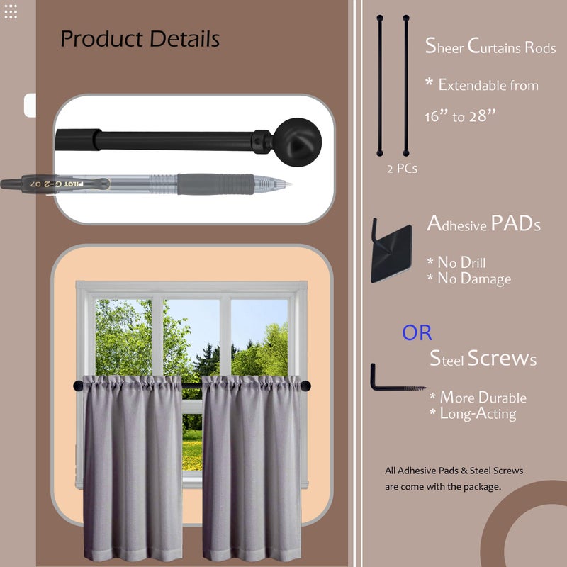 ARNORX Sash Curtain Rod for French Doors, Kitchen Curtain & Small Window, 3/8 Inch Diameter, Adjustable 16-28", 2 Pack, Black - Image 2