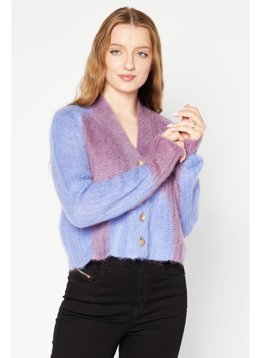 DIESEL Women Split Neck Long Sleeve Mohair Cardigan, Purple  - Image 1