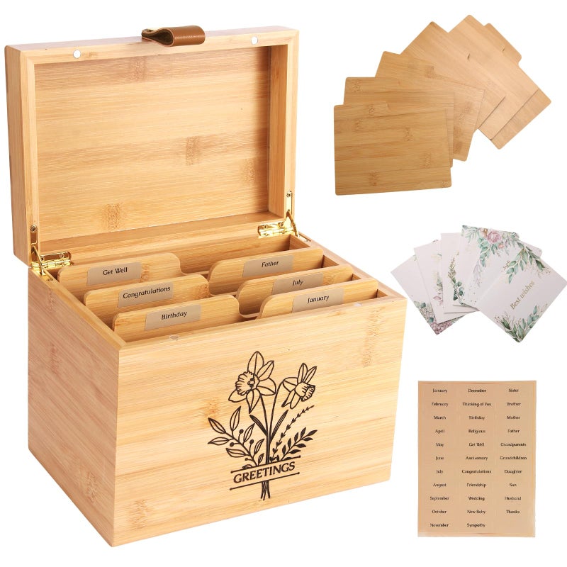 Intarsio Large Bamboo Greeting Card Organizer Box with 6 Removable Dividers, Real Leather Handle, 100% Handmade Solid Bamboo, Storage Box for Christmas, Valentine, & Birthday Cards, Postcards, Stationery - Image 1