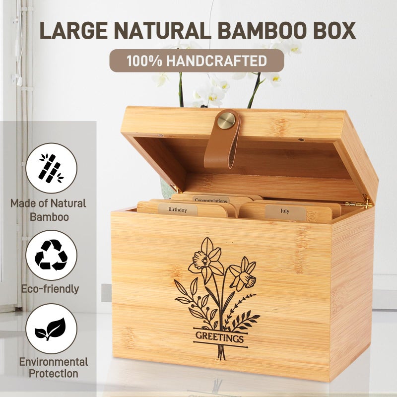 Intarsio Large Bamboo Greeting Card Organizer Box with 6 Removable Dividers, Real Leather Handle, 100% Handmade Solid Bamboo, Storage Box for Christmas, Valentine, & Birthday Cards, Postcards, Stationery - Image 3