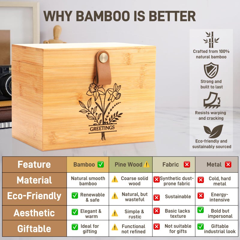 Intarsio Large Bamboo Greeting Card Organizer Box with 6 Removable Dividers, Real Leather Handle, 100% Handmade Solid Bamboo, Storage Box for Christmas, Valentine, & Birthday Cards, Postcards, Stationery - Image 4