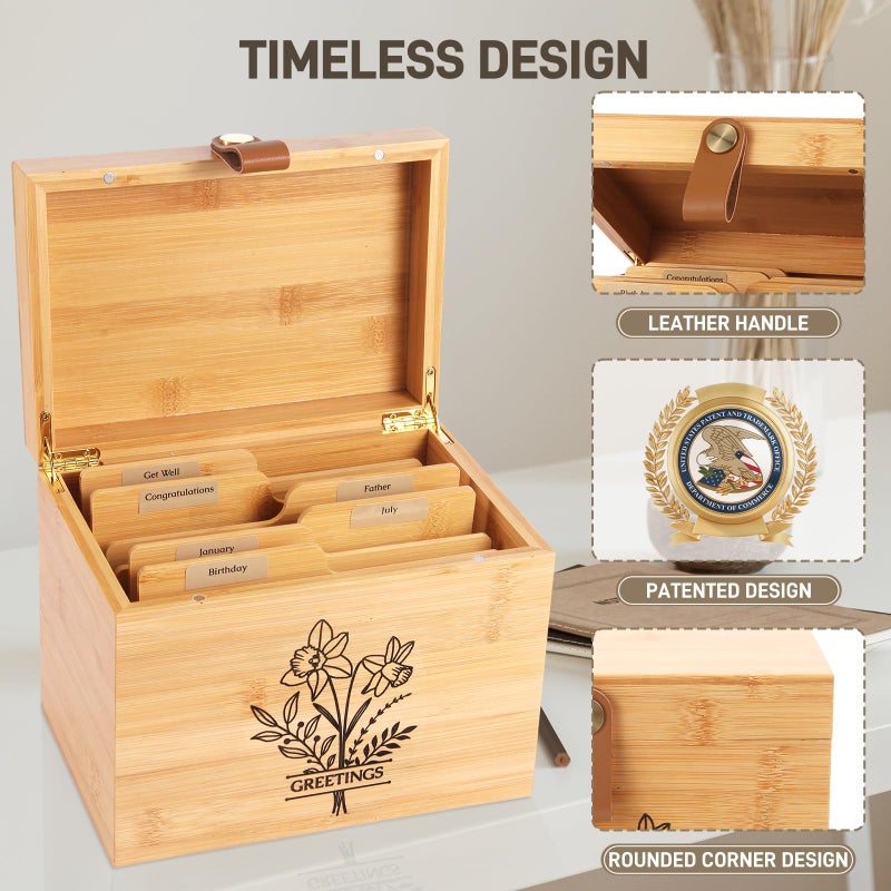 Intarsio Large Bamboo Greeting Card Organizer Box with 6 Removable Dividers, Real Leather Handle, 100% Handmade Solid Bamboo, Storage Box for Christmas, Valentine, & Birthday Cards, Postcards, Stationery - Image 5