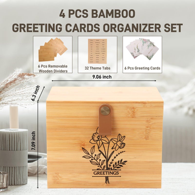 Intarsio Large Bamboo Greeting Card Organizer Box with 6 Removable Dividers, Real Leather Handle, 100% Handmade Solid Bamboo, Storage Box for Christmas, Valentine, & Birthday Cards, Postcards, Stationery - Image 2