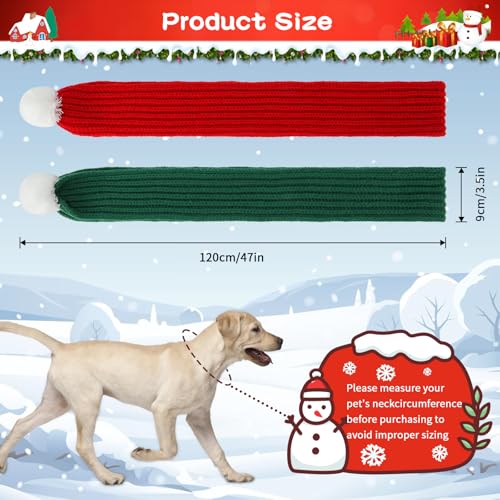 BWOGUE 2Piece Knitted Dog Christmas Scarf Bandana with White Pom Pom for MediumLarge Dogs Winter Warm Holiday Pet Costume Accessory Red Green - Image 3