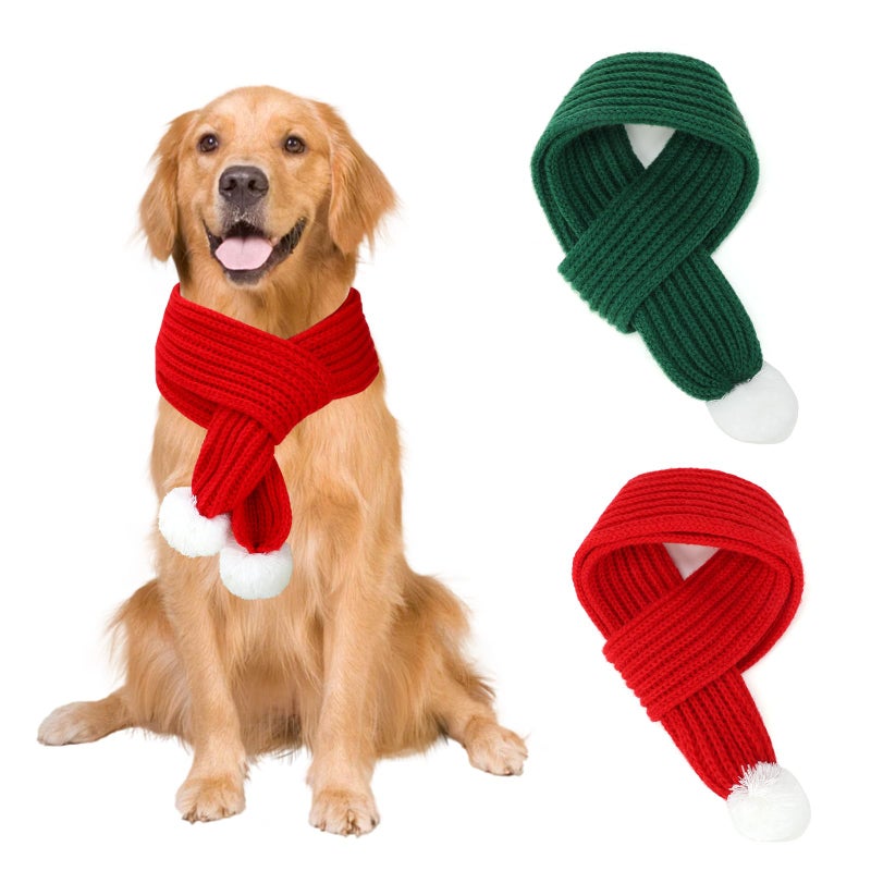 BWOGUE 2Piece Knitted Dog Christmas Scarf Bandana with White Pom Pom for MediumLarge Dogs Winter Warm Holiday Pet Costume Accessory Red Green - Image 2