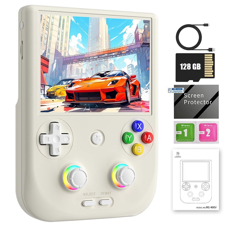 RG406V Handheld Game Console Preloaded Games RG 406V 4inch IPS Multitouch Screen Retro Game Console 128G UFS22 Android 13 Retro Emulator RG406V 5500mAh Battery 1080p DP WIFI Bluetooth Beige White