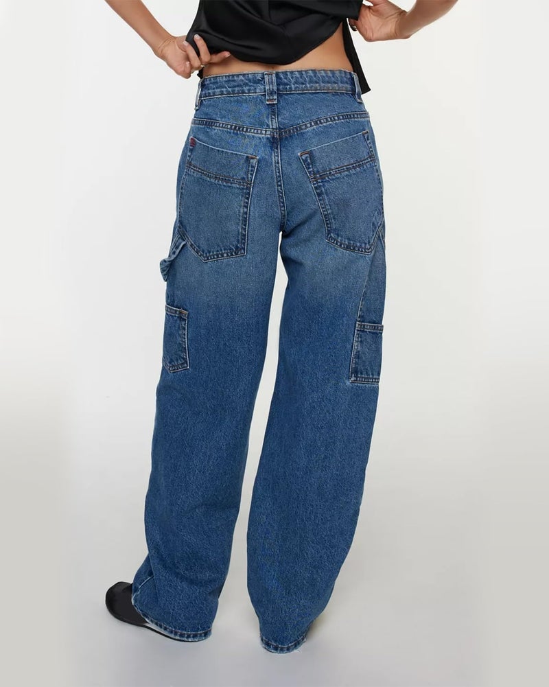 Kedera Mid Rise Barrel Baggy Carpenter Jeans for Women Wide Leg Denim Pants Baggy Boyfriend Cargo Jeans Blue - Image 2