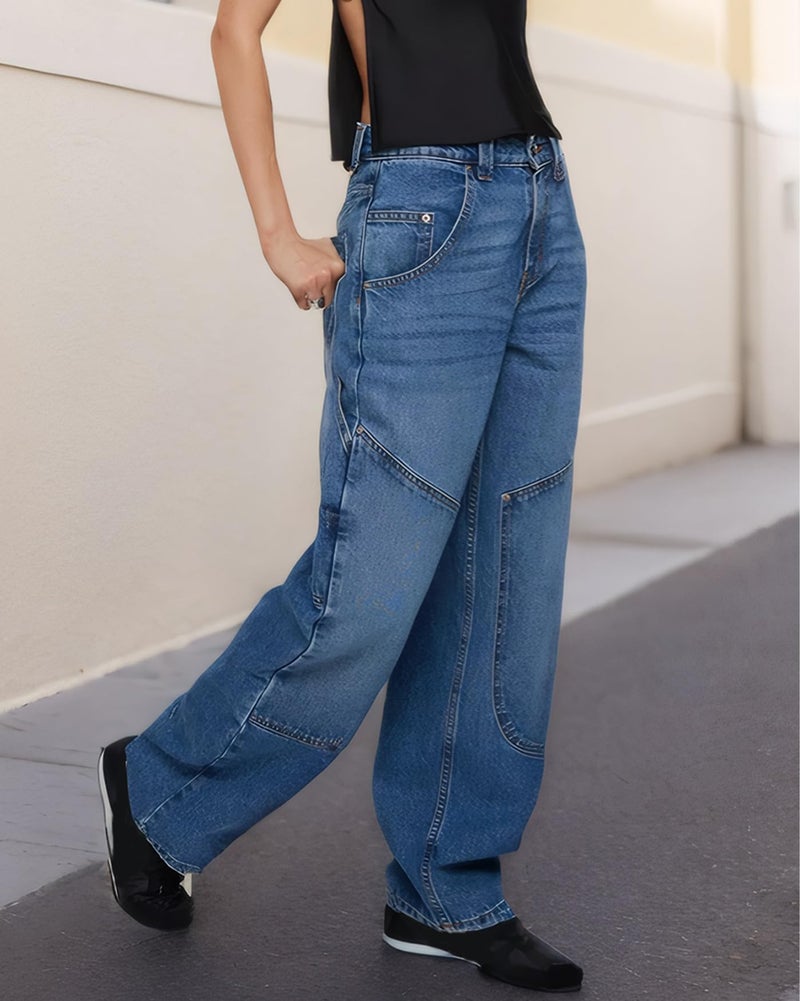 Kedera Mid Rise Barrel Baggy Carpenter Jeans for Women Wide Leg Denim Pants Baggy Boyfriend Cargo Jeans Blue - Image 3