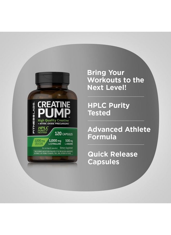 Fitness Labs Creatine Capsules | 120 Count | 3000mg | German Creatine Monohydrate | Creapure | Pump Supplement | Plus Nitric Oxide Precursor | HPLC Tested | Non-GMO
