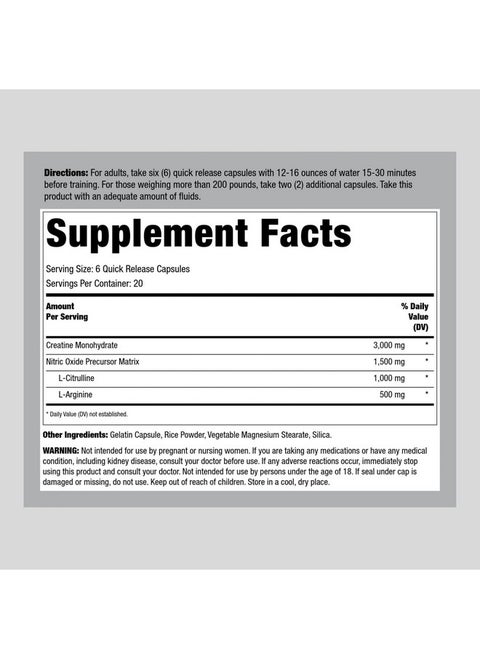 Fitness Labs Creatine Capsules | 120 Count | 3000mg | German Creatine Monohydrate | Creapure | Pump Supplement | Plus Nitric Oxide Precursor | HPLC Tested | Non-GMO