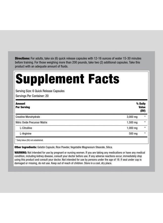 Fitness Labs Creatine Capsules | 120 Count | 3000mg | German Creatine Monohydrate | Creapure | Pump Supplement | Plus Nitric Oxide Precursor | HPLC Tested | Non-GMO