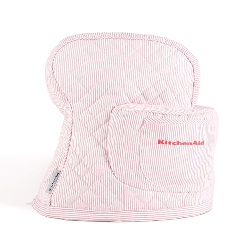 KITCHENAID Fitted Tilt-Head Stand Mixer Cover with Storage Pocket, Quilted 100% Cotton,14.4"x18"x10", Ticking Stripe Hibiscus Pink - Image 1