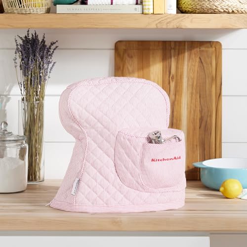 KITCHENAID Fitted Tilt-Head Stand Mixer Cover with Storage Pocket, Quilted 100% Cotton,14.4"x18"x10", Ticking Stripe Hibiscus Pink - Image 2