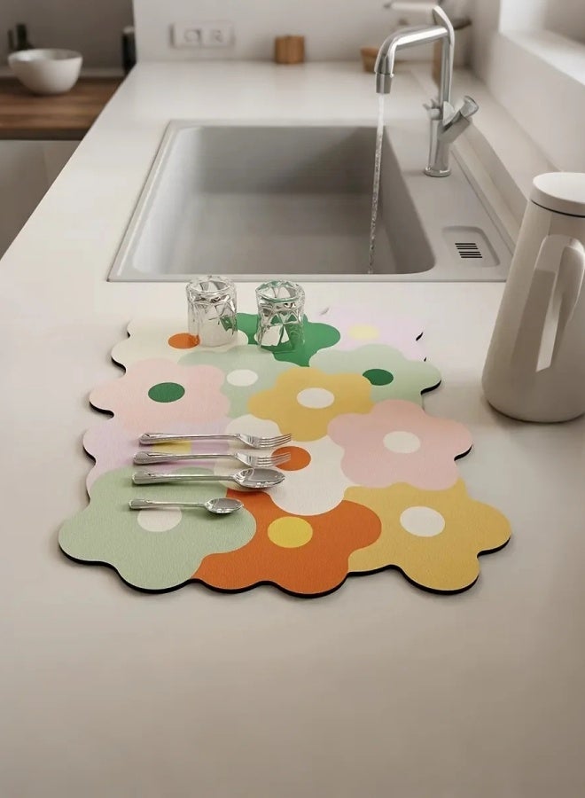 1pc Colorful Floral-Shaped Quick-Dry Kitchen Countertop Mat - Absorbent & Heat-Resistant, Multipurpose for Dish Drying, Pet Feeding & Home Decor, Easy to Clean, Dish Drying Mat - Image 2