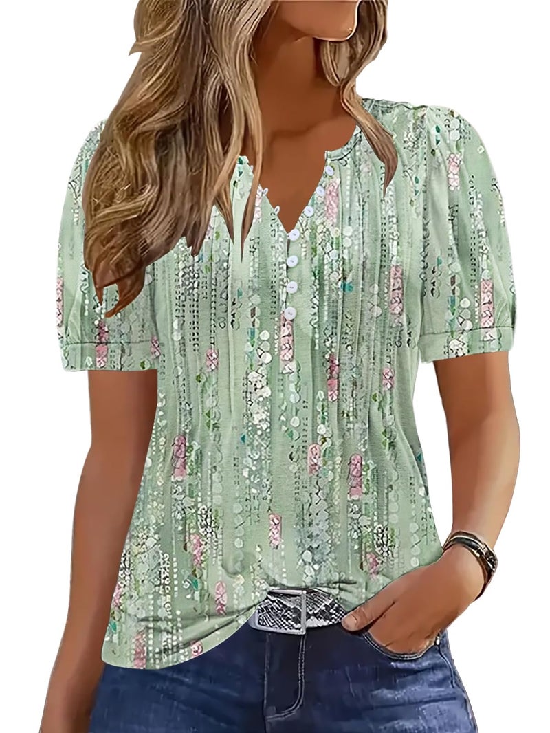ETCYY Womens Shirts Dressy Casual Short Sleeve 2026 Summer Tops Spring V Neck Button Down Pleated Ladies Tunic Blouses,Dewdrop Green,Large - Image 1