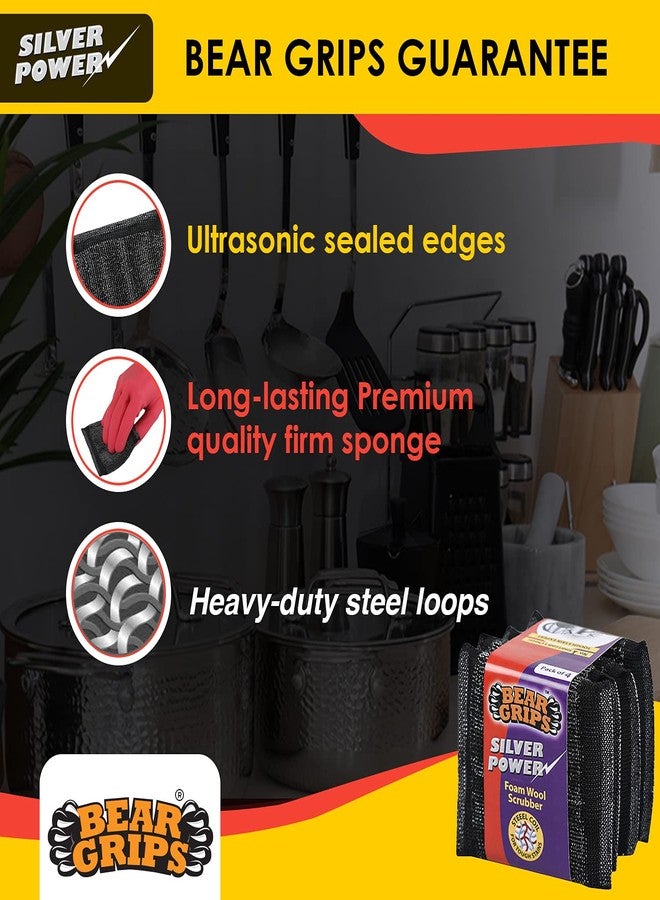 BEAR GRIPS Silver Power Foam/Sponge Wool Scrubber with Steel Loops for Tough Oily Stains Dish Wash Scrub - Pack of 4 - Image 3