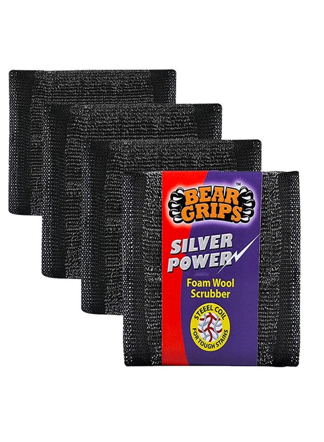 BEAR GRIPS Silver Power Foam/Sponge Wool Scrubber with Steel Loops for Tough Oily Stains Dish Wash Scrub - Pack of 4 - Image 1