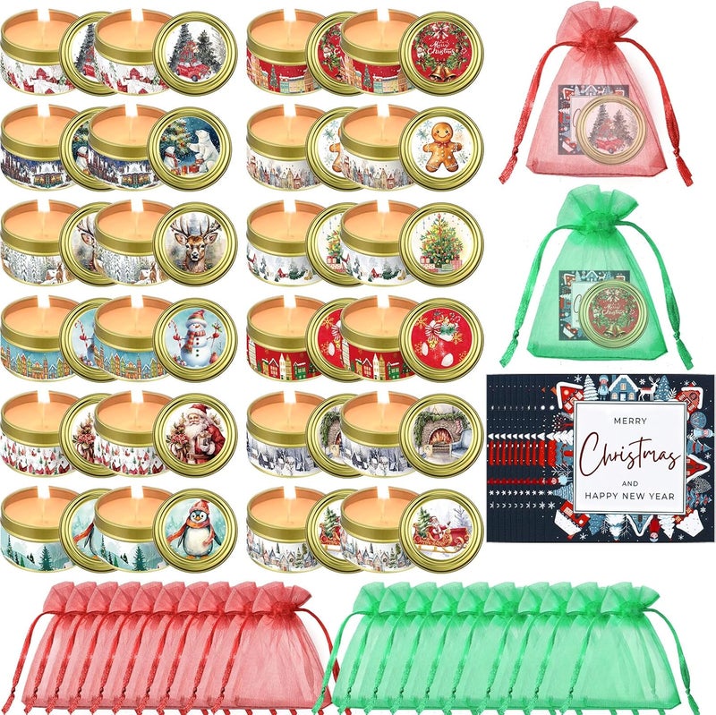 Mtlee MTLEE 24 Sets Christmas Scented Soy Wax Candles Aromatherapy Candles with Organza Bag and Cards Bulk, Portable Travel Tin Candle Party Favors Christmas Gifts for New Year Home Supplies(Romantic)