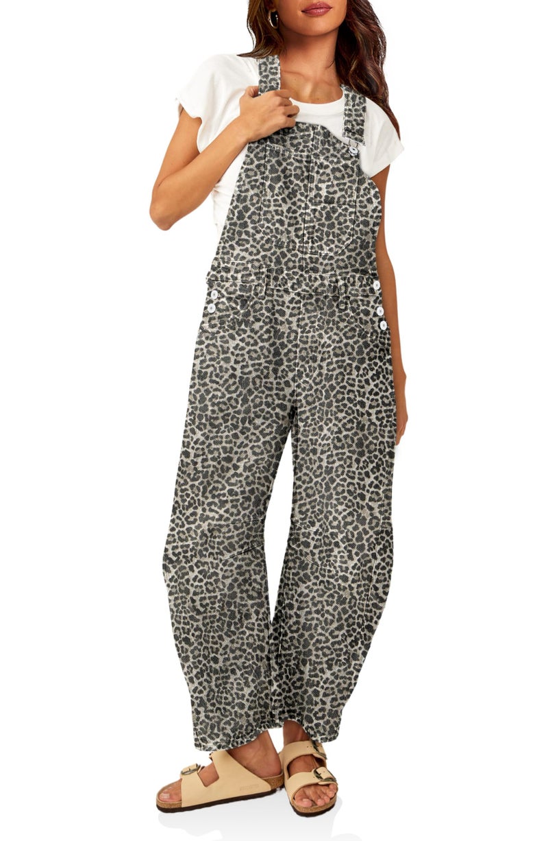 PLNOTME Womens Denim Bib Overalls Barrel Leg Adjustable Strap Jean Pants Jumpsuits with Pockets - Image 1