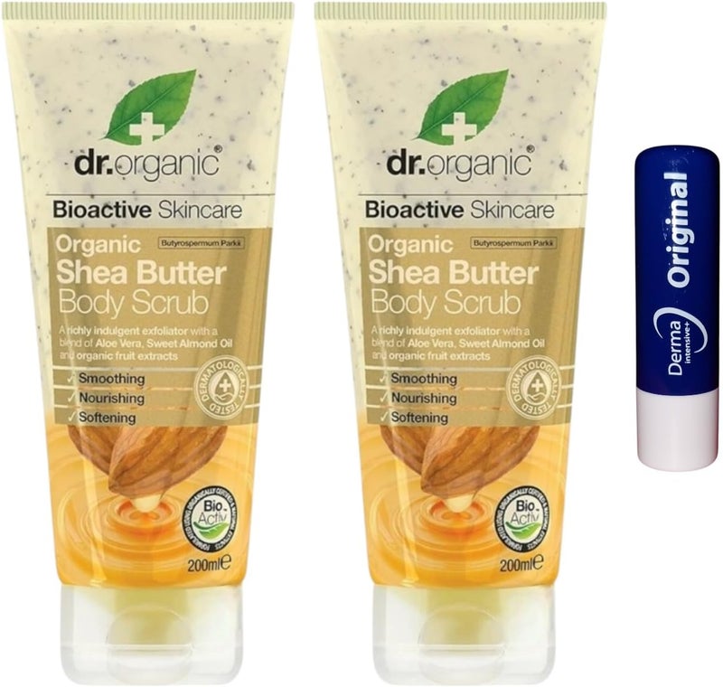 Organic Shea Butter Skincare Body Scrub Vegan Organically Sourced Twin Pack 200ML With Free Orignial Lip Balm