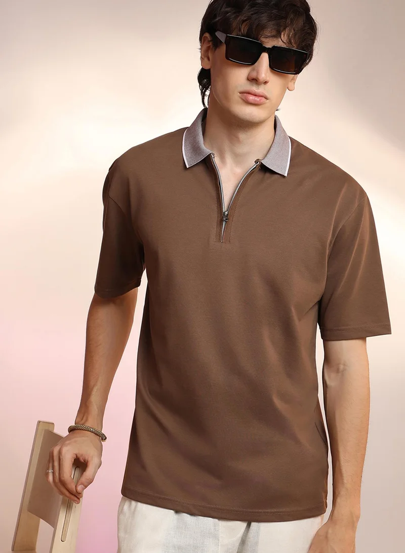 Men's Chocolate Brown Solid Oversized Polo T-Shirt