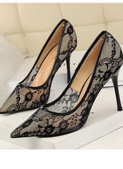 BIGTREE Women's Elegant Lace Stiletto Pumps 9CM Elegant Gorgeous Closed Pointed Toe Slip On Solid High Heels Black  - Image 1