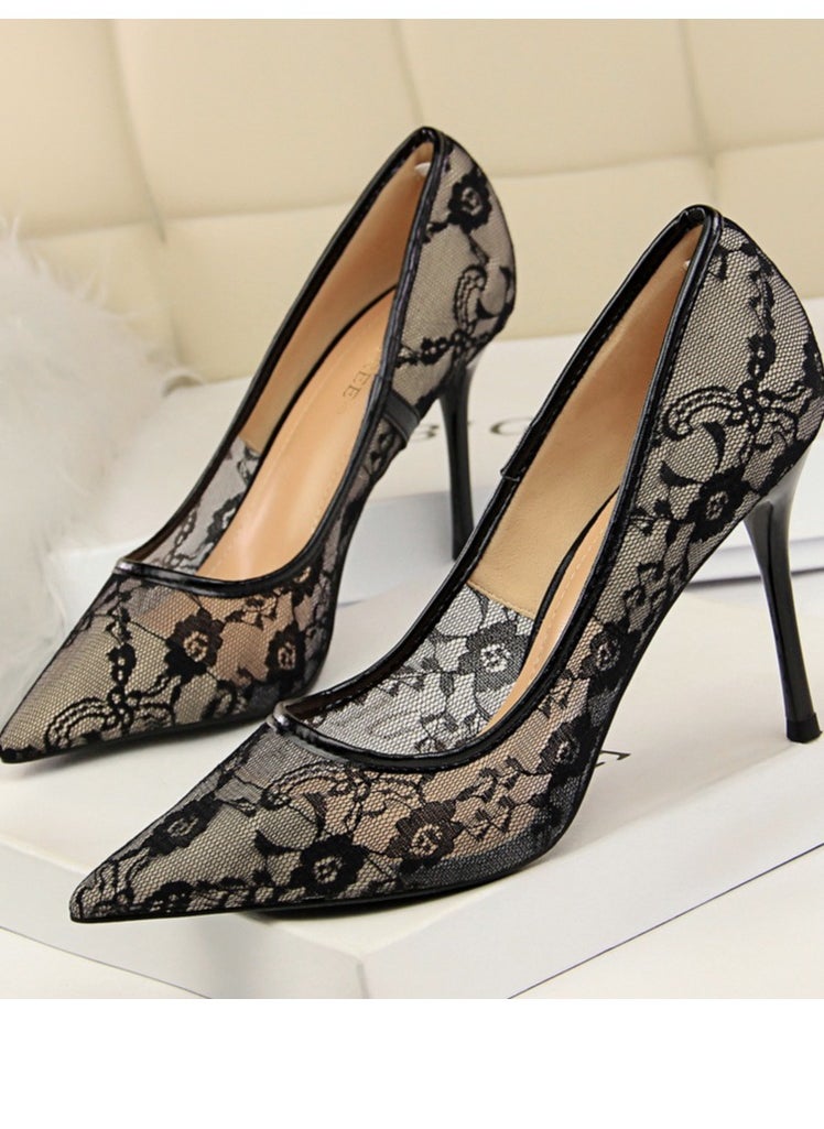 BIGTREE Women's Elegant Lace Stiletto Pumps 9CM Elegant Gorgeous Closed Pointed Toe Slip On Solid High Heels Black  - Image 1