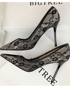 BIGTREE Women's Elegant Lace Stiletto Pumps 9CM Elegant Gorgeous Closed Pointed Toe Slip On Solid High Heels Black  - Image 3