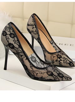 BIGTREE Women's Elegant Lace Stiletto Pumps 9CM Elegant Gorgeous Closed Pointed Toe Slip On Solid High Heels Black  - Image 2