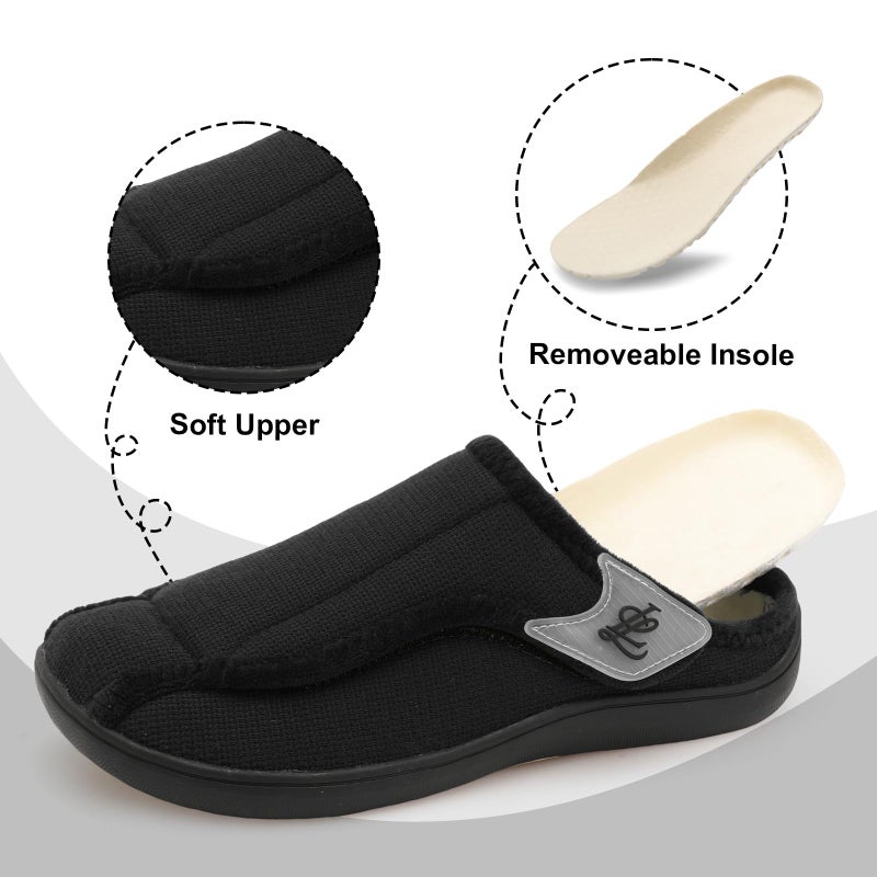 LeIsfIt Mens Slippers Wide Diabetic House Slippers Adjustable Slip On Warm Bedroom House Shoes for Edema Swollen Feet Indoor Outdoor Slipper Black Size 11 - Image 5