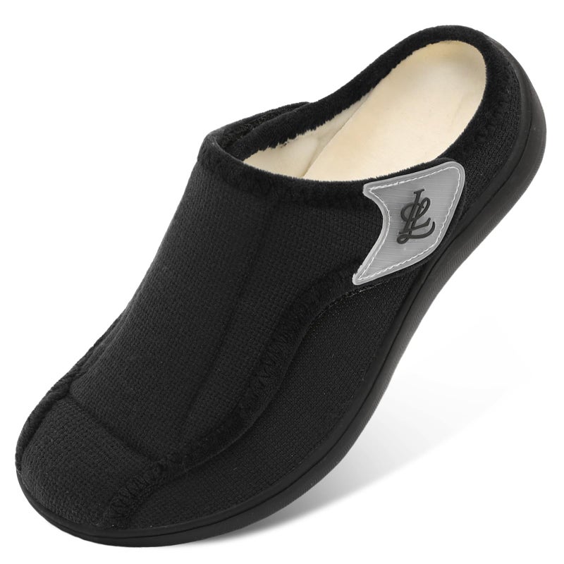 LeIsfIt Mens Slippers Wide Diabetic House Slippers Adjustable Slip On Warm Bedroom House Shoes for Edema Swollen Feet Indoor Outdoor Slipper Black Size 11 - Image 1