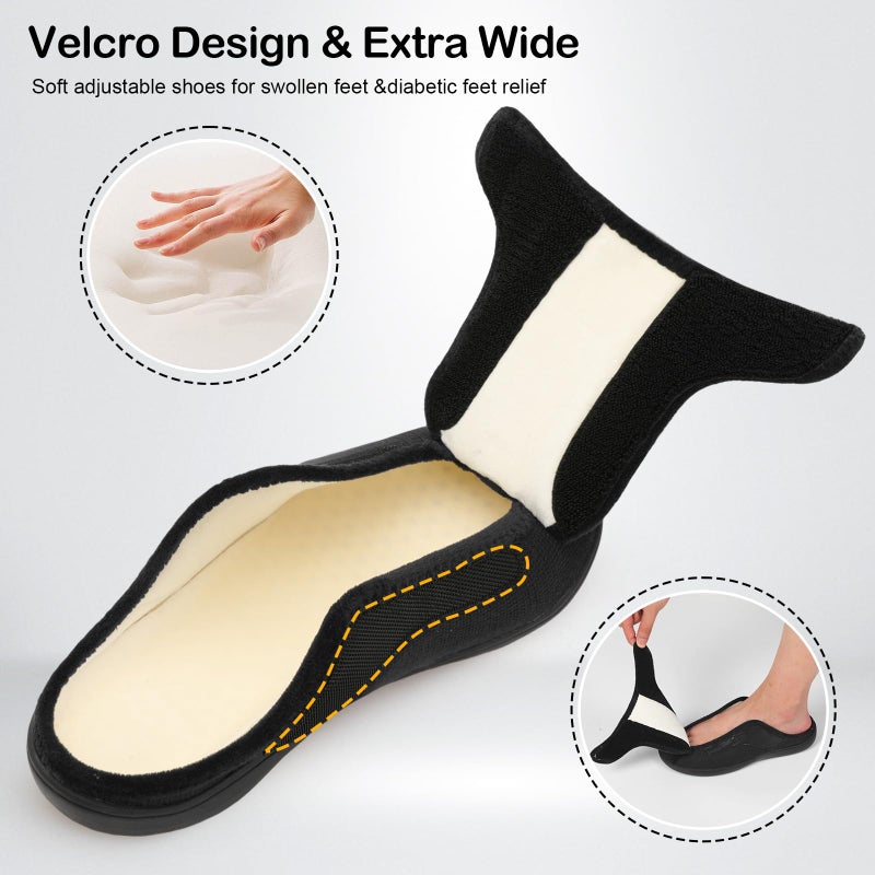 LeIsfIt Mens Slippers Wide Diabetic House Slippers Adjustable Slip On Warm Bedroom House Shoes for Edema Swollen Feet Indoor Outdoor Slipper Black Size 11 - Image 3