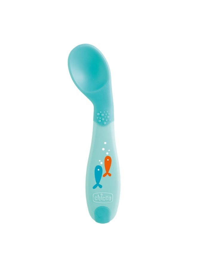 Chicco First Cutlery, Baby Spoon with Angled Tip for Self Feeding (8+ months) | Suitable For Training Toddlers, Soft & Flexible Silicone Tip (Blue) - Image 1
