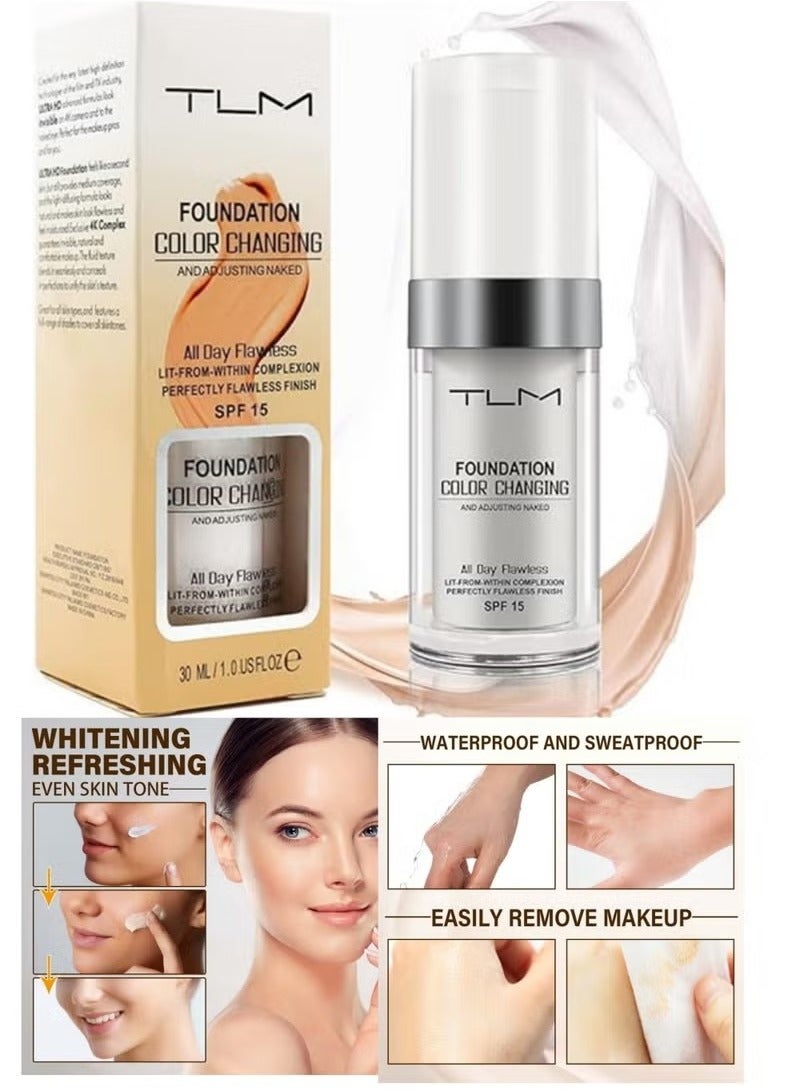 TLM Colour Changing Foundation for Different Skin Tone, Foundation Makeup Base Nude Face Liquid Full Coverage Concealer, TLM Concealer Cover Cream, SPF15 - Image 1