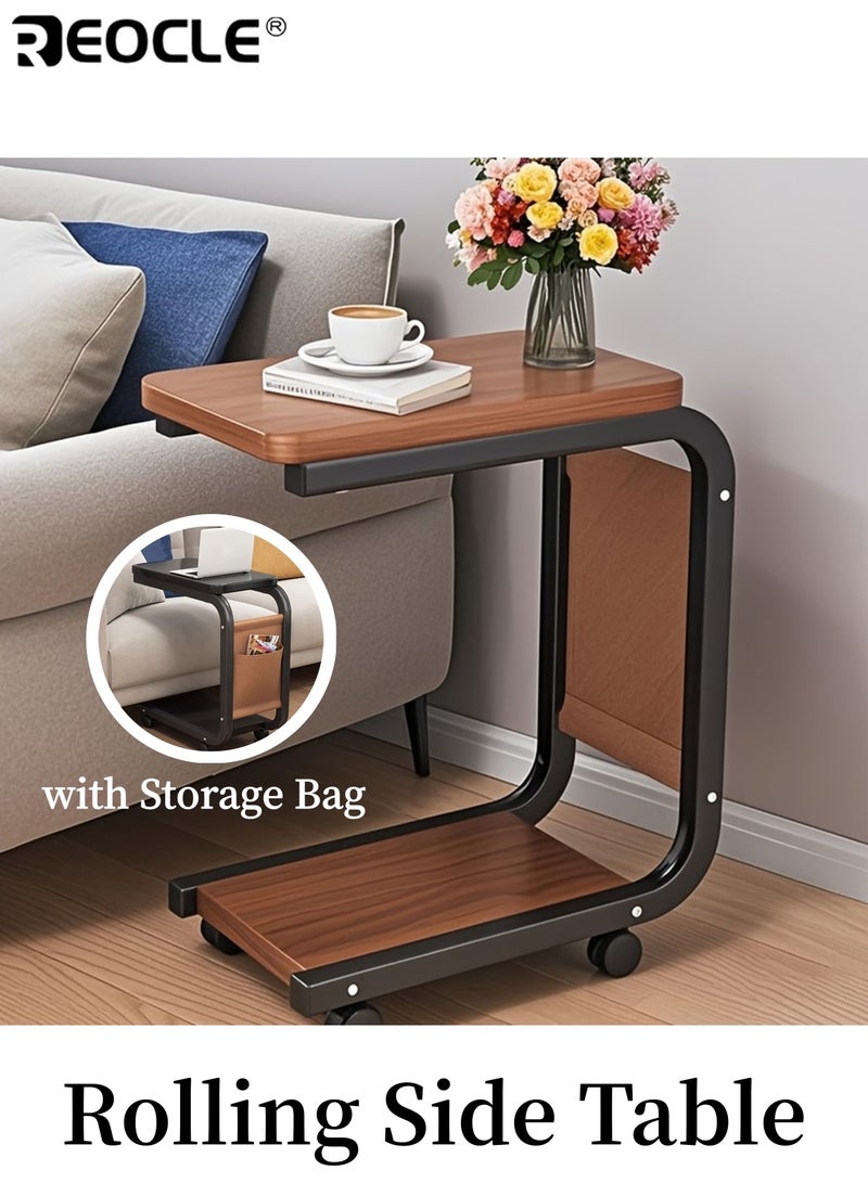 REOCLE Rolling Side Table with Storage Bag Wooden and Metal Frame Light-weighted Solid Coffee TableSofa and Bed Side Table Compact Design for Living Room Bedroom11.02''× 15.75 '' × 24.80 '' - Image 1