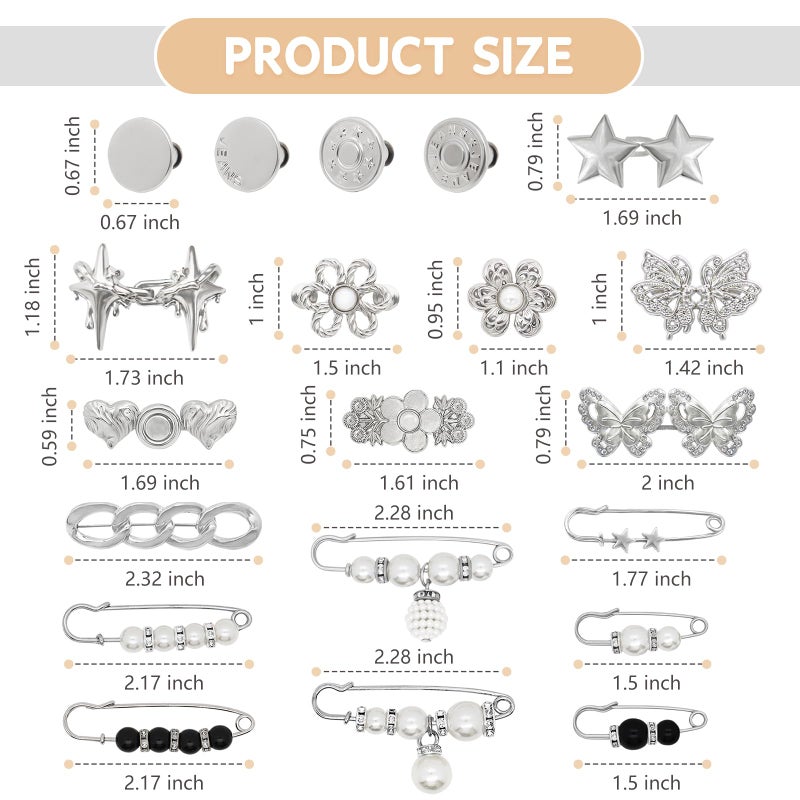 ROPAKED 20 Set Pant Waist Tightener Buttons Pins for Loose Jeans Waist Cincher Clip Reusable Metal Buttons for Clothing Dresses Skirts Adjustable No Sew and No Tools Decoration Silver - Image 2