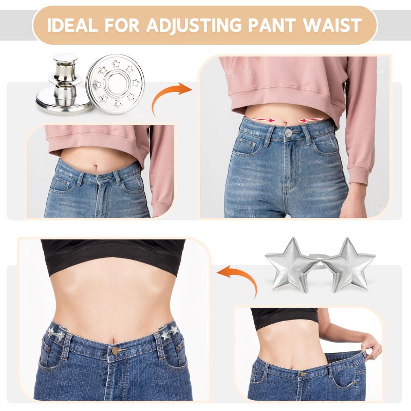ROPAKED 20 Set Pant Waist Tightener Buttons Pins for Loose Jeans Waist Cincher Clip Reusable Metal Buttons for Clothing Dresses Skirts Adjustable No Sew and No Tools Decoration Silver - Image 3