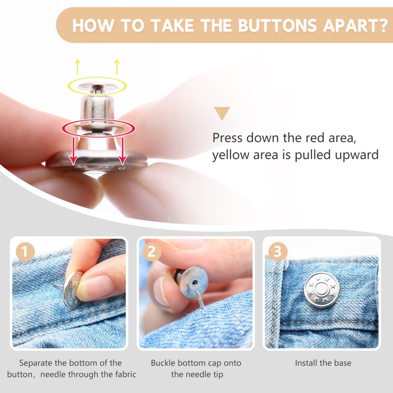 ROPAKED 20 Set Pant Waist Tightener Buttons Pins for Loose Jeans Waist Cincher Clip Reusable Metal Buttons for Clothing Dresses Skirts Adjustable No Sew and No Tools Decoration Silver - Image 4