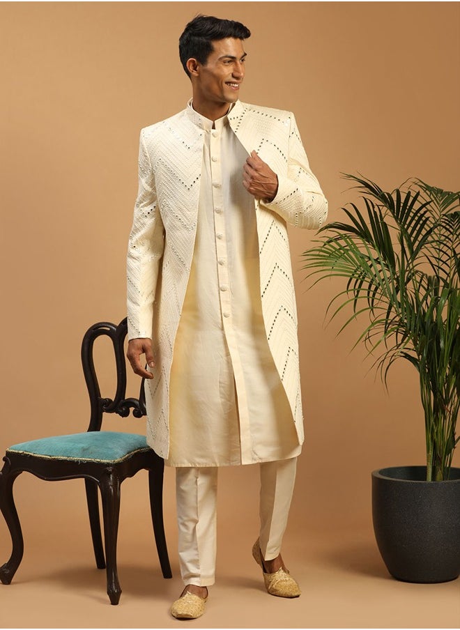 PRASHA - Men's Cream Viscose Sherwani Set - Image 1