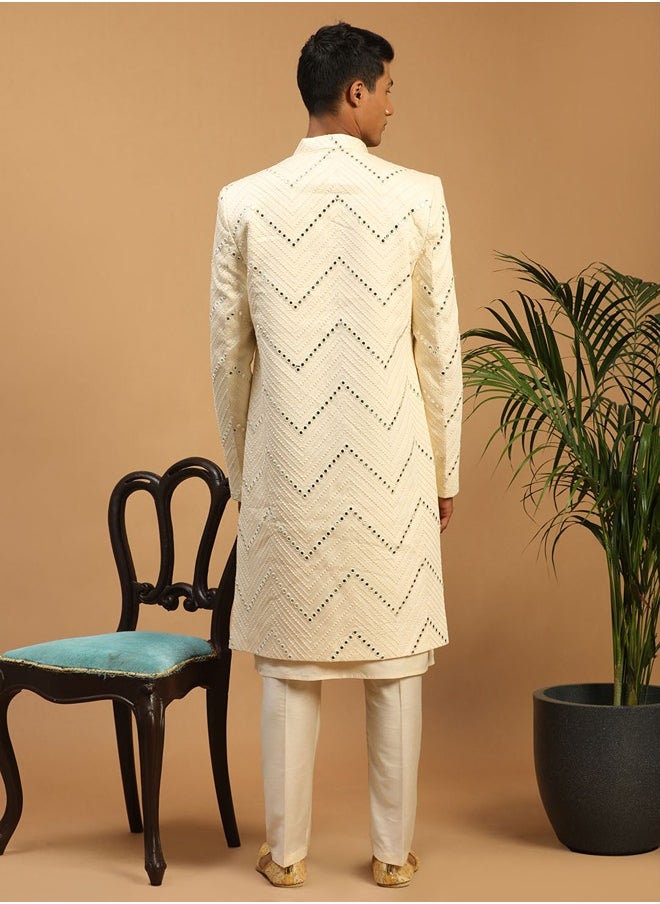 PRASHA - Men's Cream Viscose Sherwani Set - Image 1