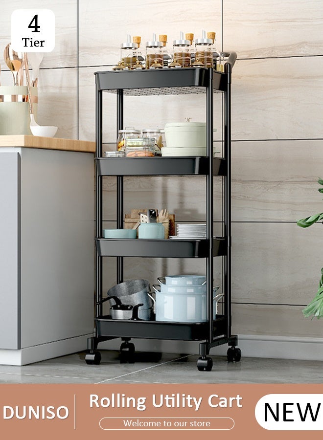 DUNISO 4-Tier Storage Cart with Wheels,Multipurpose Organizer Trolley Cart,Mobile Shelving Unit Organizer,Easily Assemble,for Kitchen, Bedroom, Bathroom, Office, Utility Cart for Snacks, Dishes, Seasonings Black - Image 1