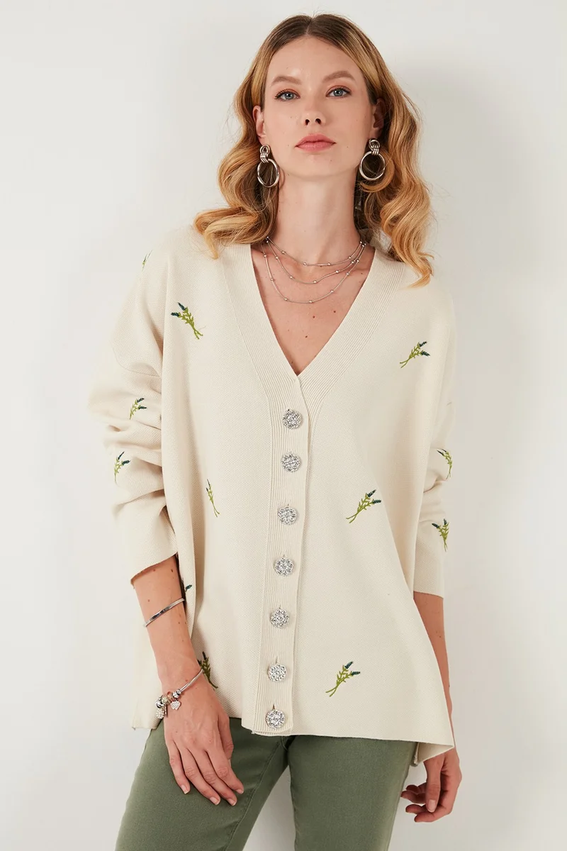 Lela Oversize Fit Patterned V Neck Knitwear Cardigan Women's Cardigan 4616193