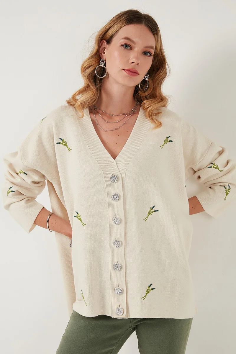 Lela Oversize Fit Patterned V Neck Knitwear Cardigan Women's Cardigan 4616193