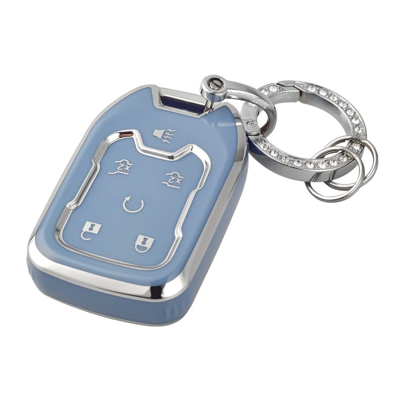 غطاء مفتاح OFFCURVE مع سلسلة مفاتيح لسيارات GMC Yukon وYukon XL وTerrain وAcadia وSierra وحافظة مفتاح لسيارات Chevy Chevrolet Suburban وTahoe وإكسسوارات السيارات مفتاح ذكي 6 أزرار واقي مفتاح أزرق