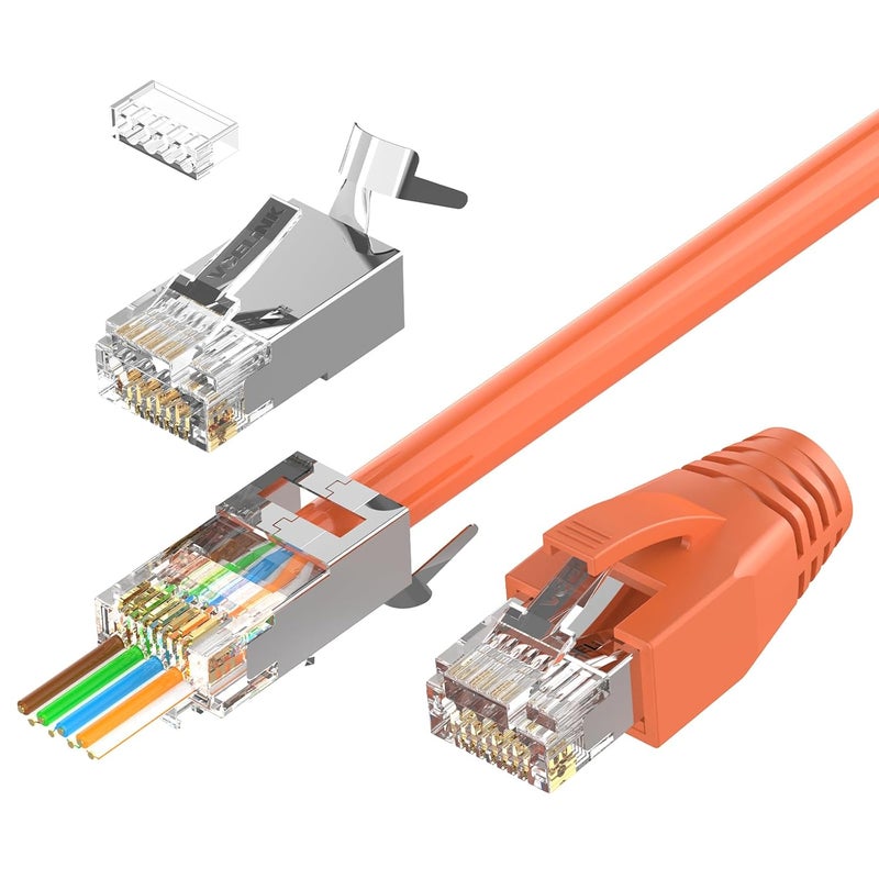 VCELINK CAT6A Connector, RJ45 Connectors Pass Through CAT6A CAT7 Shielded, UL-Listed 3-Prong Gold Plated, CAT7 Connector with Strain Relief Boots (RJ45 Connector-Transparent, Orange, 30-Pack) - Image 1
